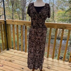 Vintage 90s Studio 1 2-piece Set Brown Floral Wrap Top A-line Midi Skirt Size 8